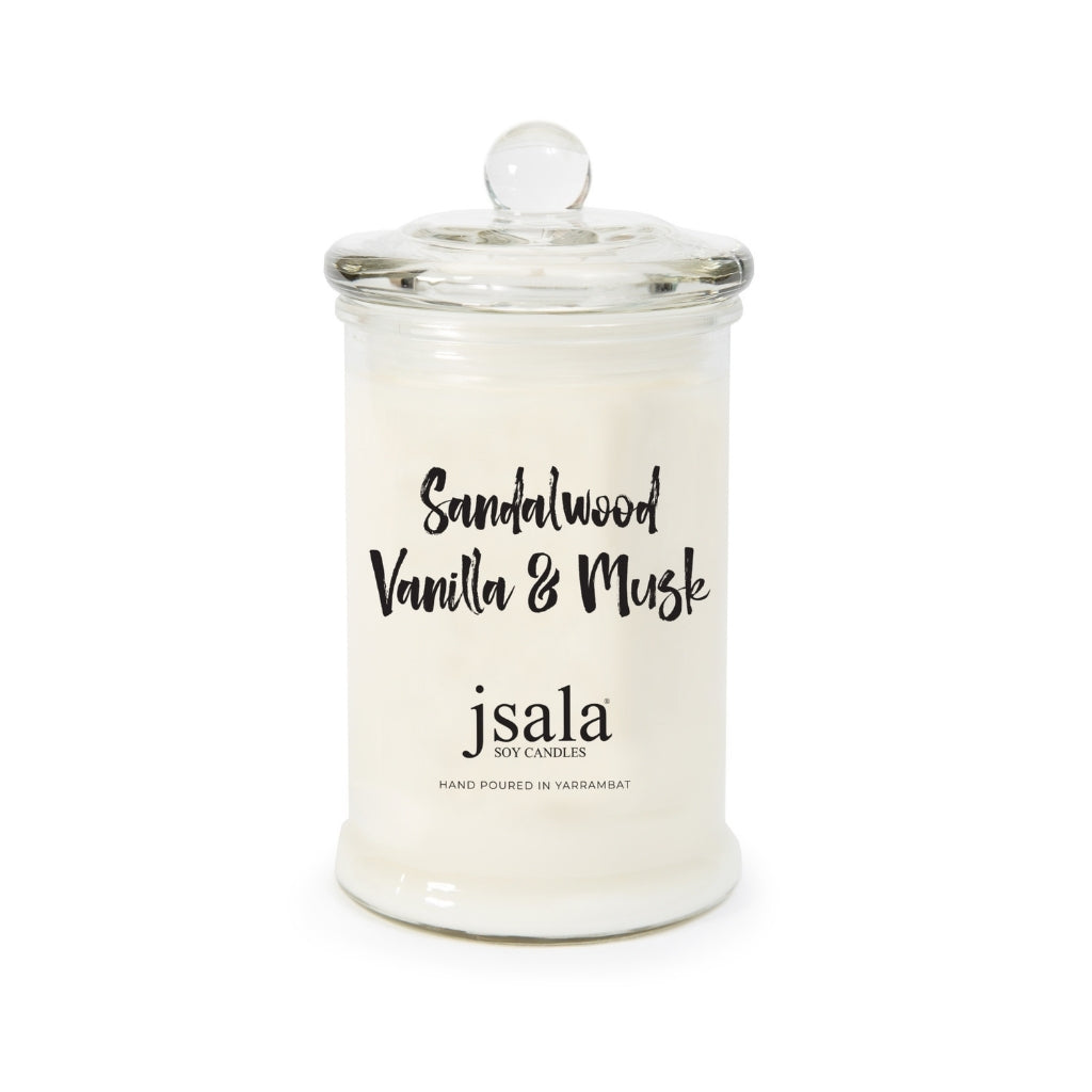 Glass Apothecary jar with Sandalwood Vanilla and Musk fragranced candle