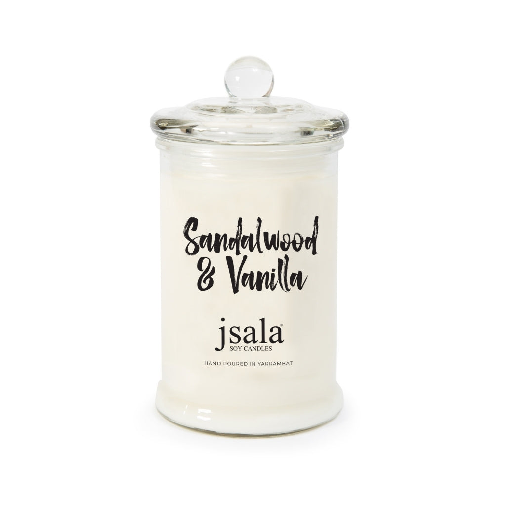 Glass Apothecary jar with Sandalwood Vanilla fragranced candle