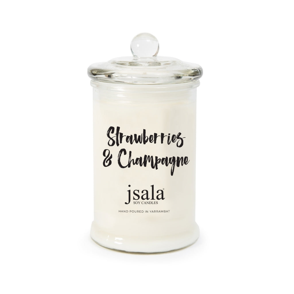 Glass Apothecary jar with Strawberries and Cream fragranced candle