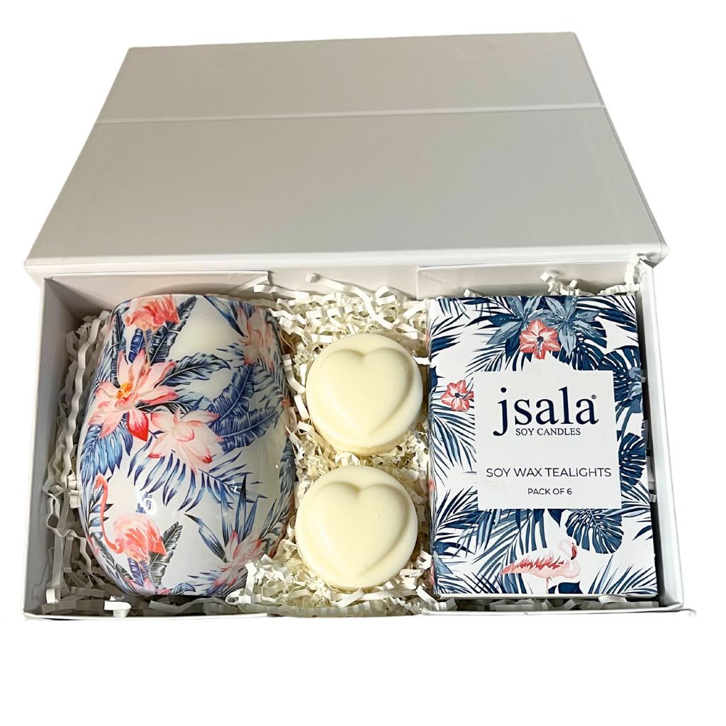 The perfect gift for Mother's Day or any occasion.    Flamingo scented candle, 2 x 40gm heart goat milk soaps and a 6 pack of scented soy wax tea lights - all packaged in a beautiful matching flamingo gift box ready to be gifted. 