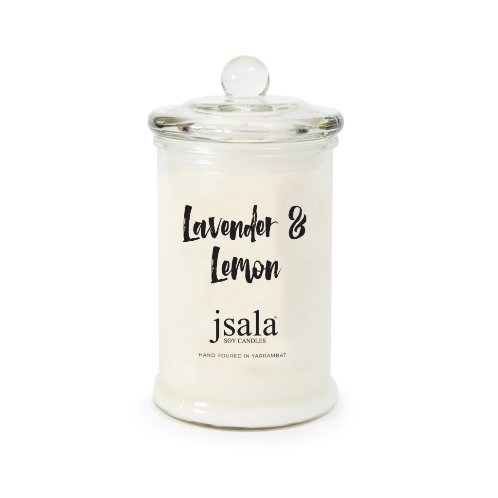Glass Apothecary jar with Lavender and Lemon fragranced candle