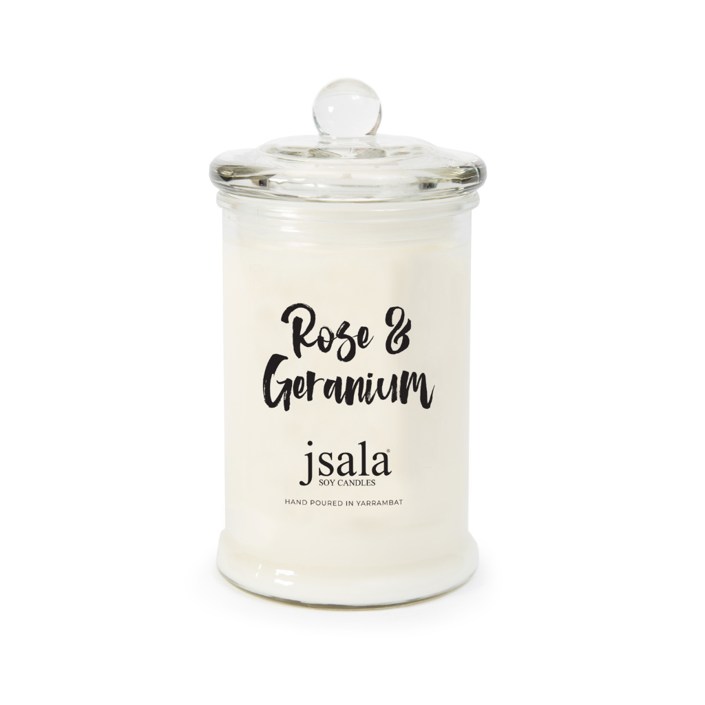 Glass Apothecary jar with Rose and Geranium fragranced candle