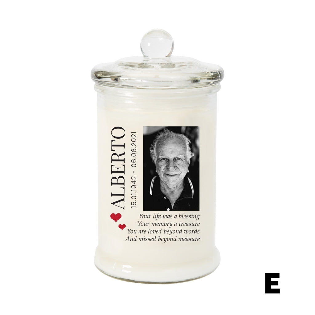 Example of Jsala Personalised Memorial Candle in Apothecary glassware (E)