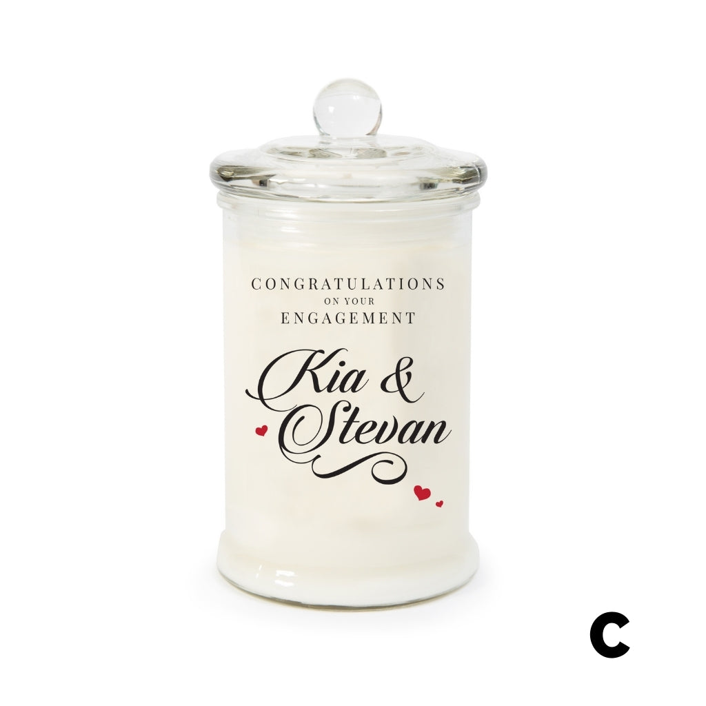 Example of Jsala Personalised Engagement Candle in Apothecary glassware (C)