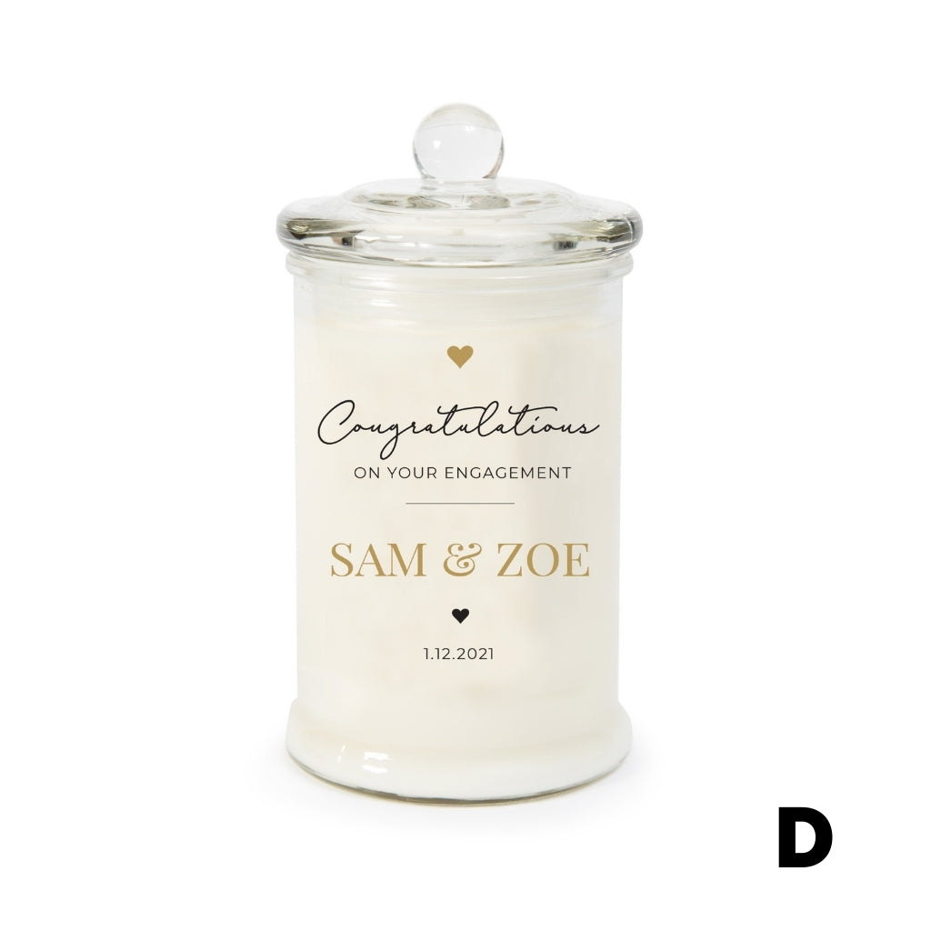 Example of Jsala Personalised Engagement Candle in Apothecary glassware (D)
