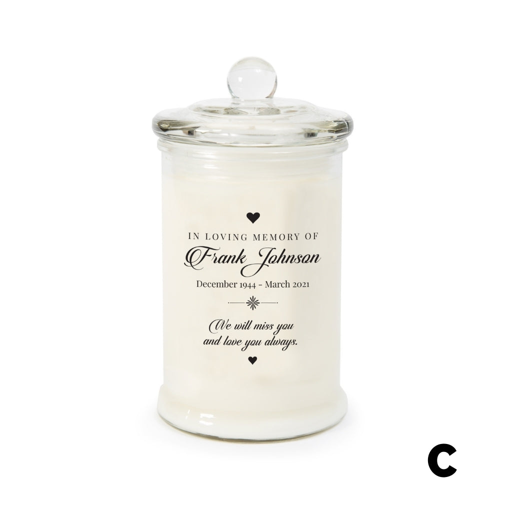 Example of Jsala Personalised Memorial Candle in Apothecary glassware (C)
