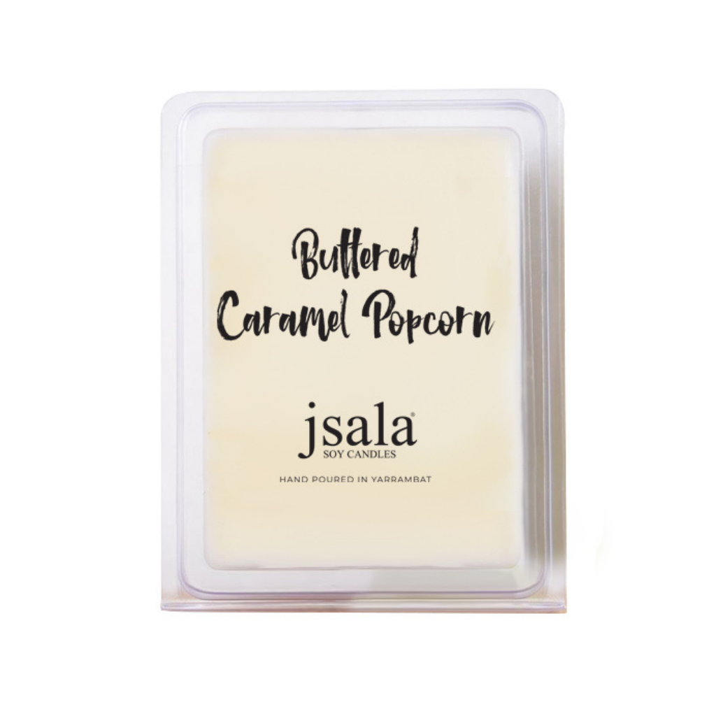 Image of packaged Jsala Soy Candles Melt in Buttered Caramel Popcorn scent.