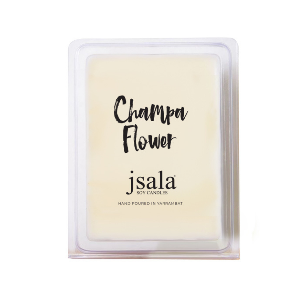Image of packaged Jsala Soy Candles Melt in Champa Flower scent.