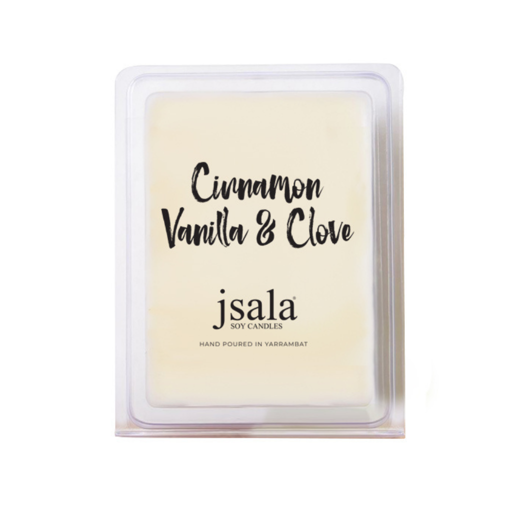 Image of packaged Jsala Soy Candles Melt in Cinnamon Vanilla and Clove scent.