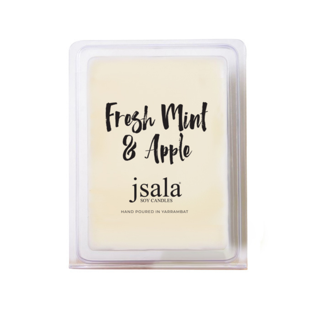 Image of packaged Jsala Soy Candles Melt in Fresh Mint and Apple scent.