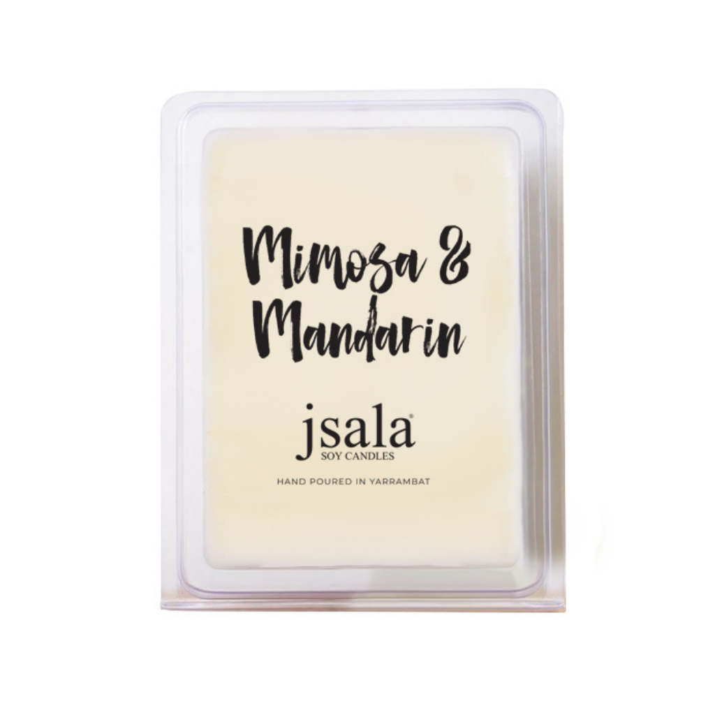 Image of packaged Jsala Soy Candles Melt in Mimosa and Mandarin scent.