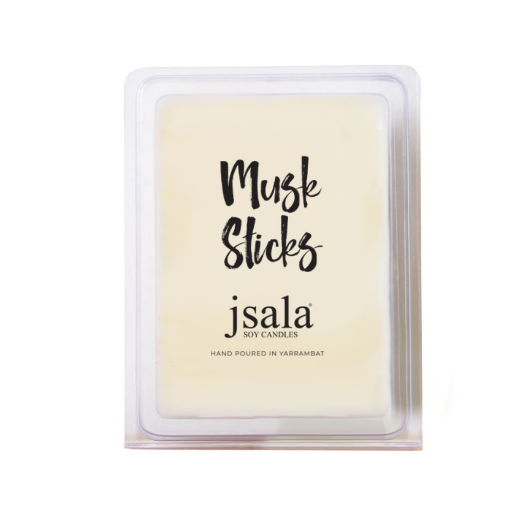 Image of packaged Jsala Soy Candles Melt in Musk Sticks scent.