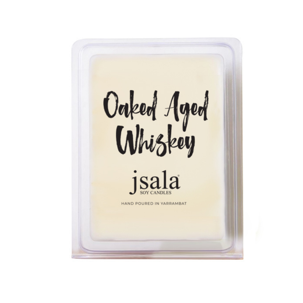 Image of packaged Jsala Soy Candles Melt in Oaked Aged Whiskey scent.