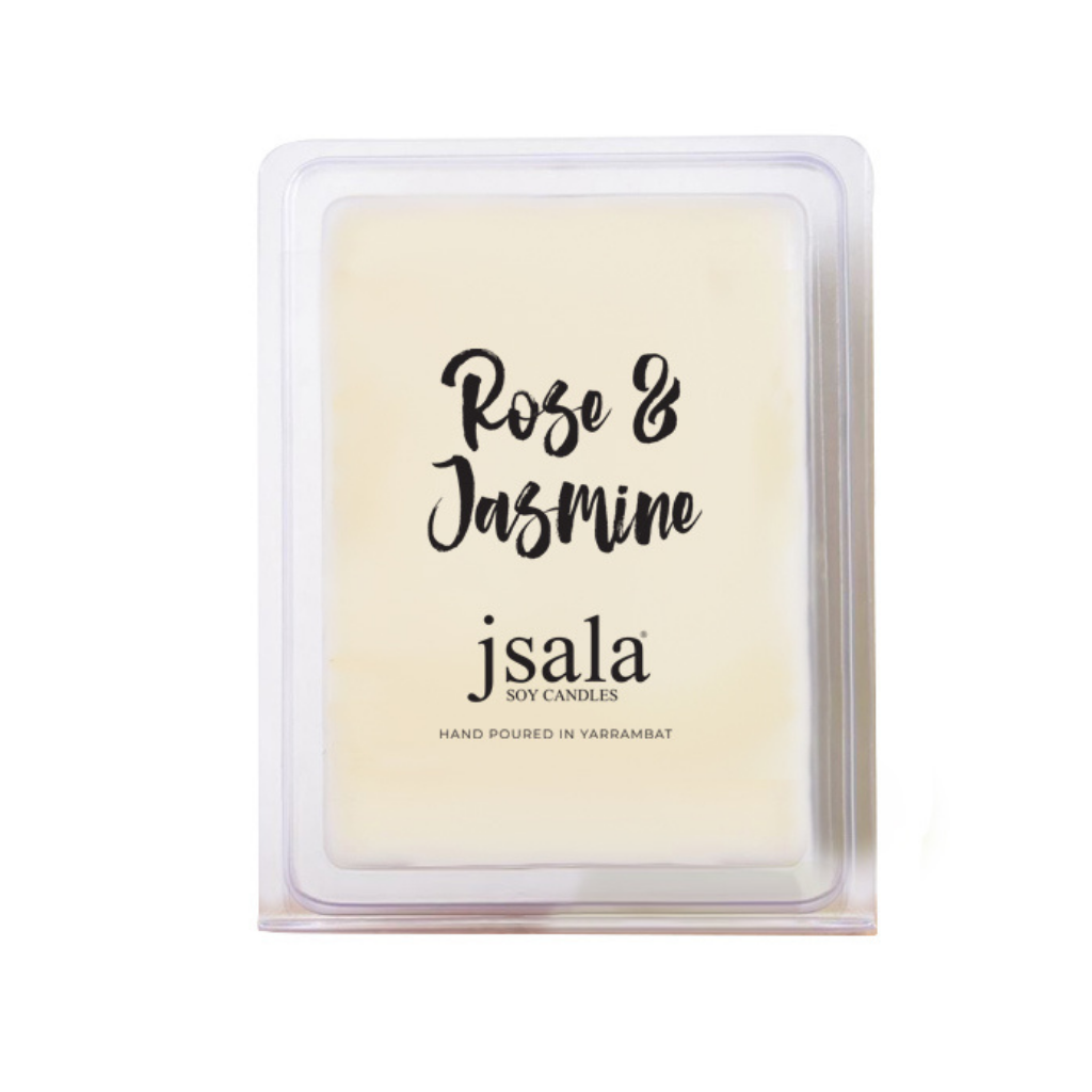Image of packaged Jsala Soy Candles Melt in Rose and Jasmine scent.
