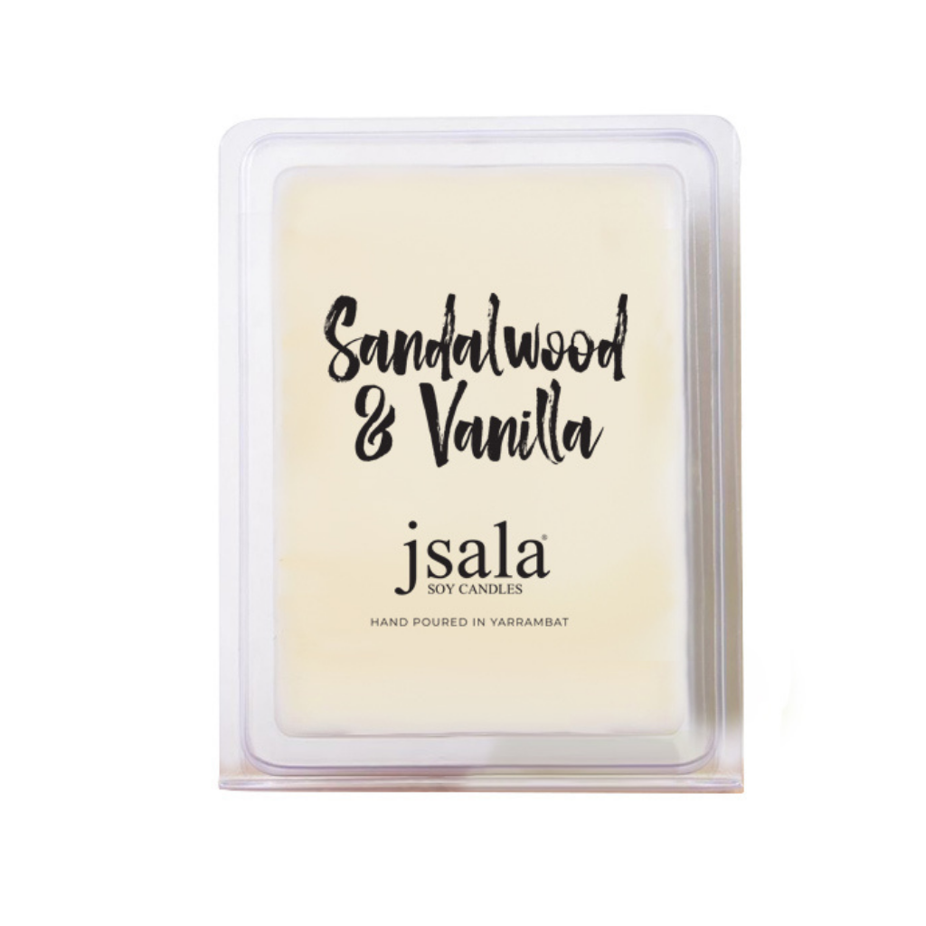 Image of packaged Jsala Soy Candles Melt in Sandalwood and Vanilla scent.