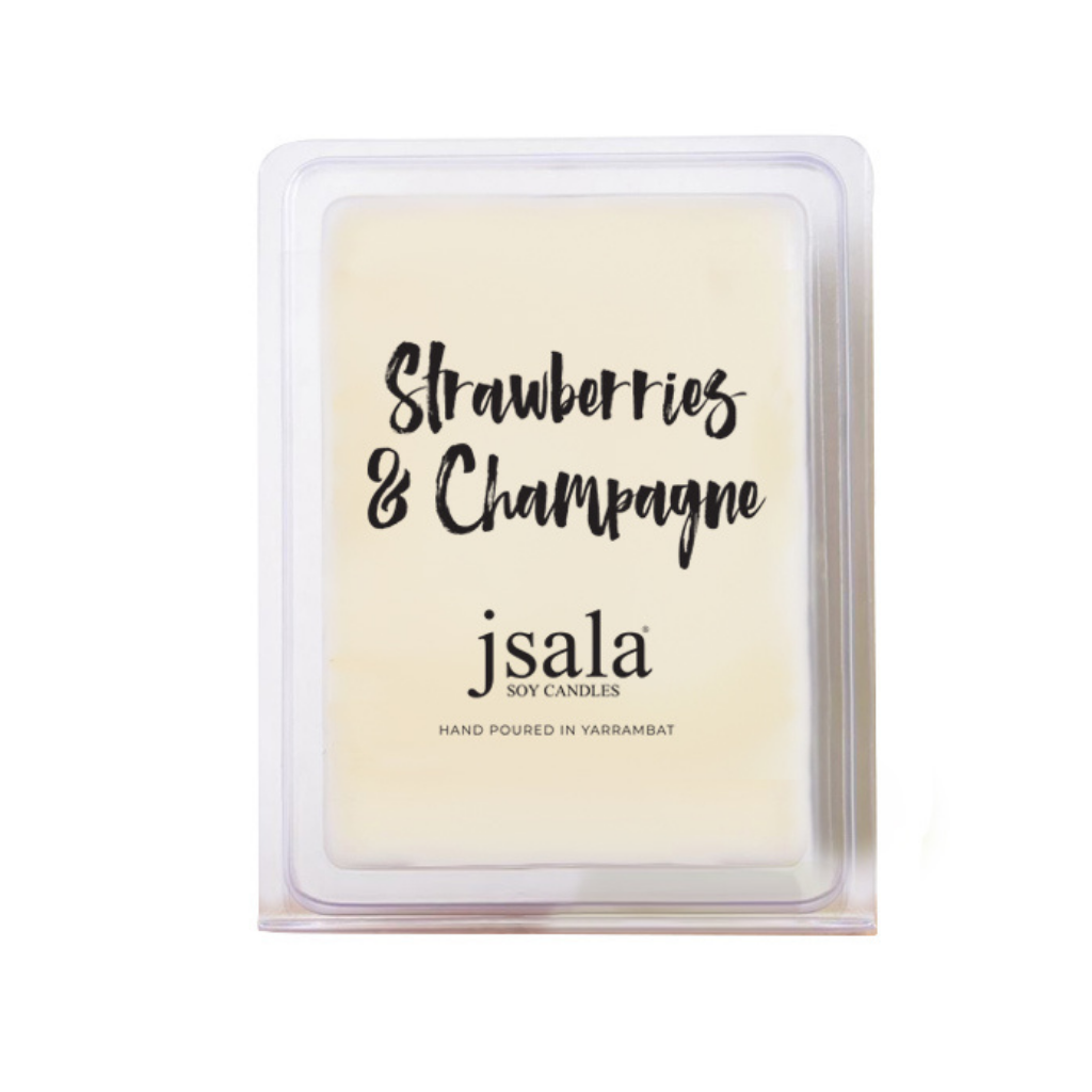 Image of packaged Jsala Soy Candles Melt in Strawberries and Champagne scent.